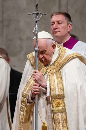 Pope Francis prays during the Easter Vigil Mass. Pope Francis attends the solemn Easter Vigil ceremony in St. Peter's Basilica in Vatican City. Christians around the world are marking the Holy Week, commemorating the crucifixion of Jesus Christ, leading up to his resurrection on Easter.