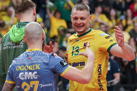 Jurij Gladyr of Aluron CMC Warta Zawiercie seen celebrating after winning a point during CEV Volleyball Champions League 2025/2026 match between Aluron CMC Warta Zawiercie and Cucine Lube Civitanova at Municipal hall. Final score; Aluron CMC Warta Zawiercie 3:0 Cucine Lube Civitanova.