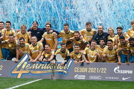 Head coach of Zenit football club Sergei Semak and players attend the victory ceremony for the Champions of Russia to the football players of Zenit football club. Final score: Zenit 1 - 0 Khimki
