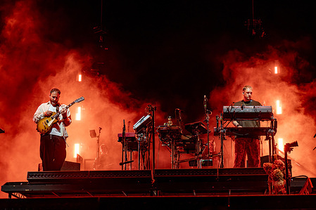(L-R) Chris Davids and Liam Ivory of the electronic duo Maribou State perform at the Lido Festival.