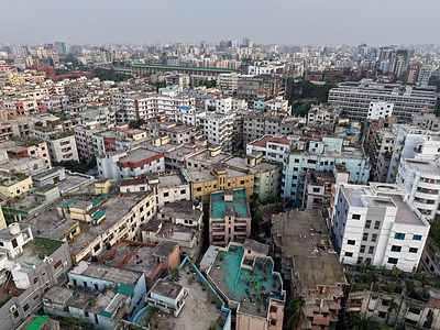 An aerial view shows dense urban buildings in Dhaka.