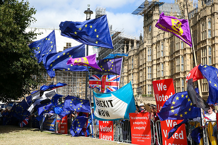 EU and Union Jack flags in central London on the day MPs return back to Parliament after the summer recess.
On Monday 2 Sept 2019 British Prime Minister Boris Johnson warned Conservative MPs not to vote against the government in the next night's Bill that would block a no deal Brexit. Several MPs vowed to vote with the opposition regardless of the personal consequences.