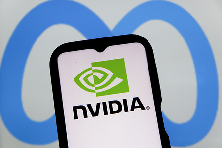 In this photo illustration, the NVIDIA logo is displayed on a smartphone with a META logo in the background.