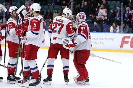 Alexei Bereglazov (5), Daniil Isayev (92), Artyom Kuzin (27), Alexander Radulov (47) of Lokomotiv Hockey Club seen in action during the Hockey match, Kontinental Hockey League 2025/2026 between SKA Saint Petersburg and Lokomotiv Yaroslavl at the Ice Sports Palace. (Final score; SKA Saint Petersburg 2:5 Lokomotiv Yaroslavl).