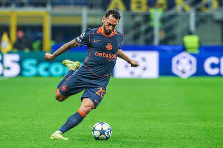 Hakan Calhanoglu of FC Internazionale seen in action during UEFA Champions League 2025/26 League Phase - Matchday 4 football match between FC Internazionale and FC Kairat Almaty at San Siro Stadium. Final scores; FC Internazionale 2 : 1 FC Kairat Almaty.
