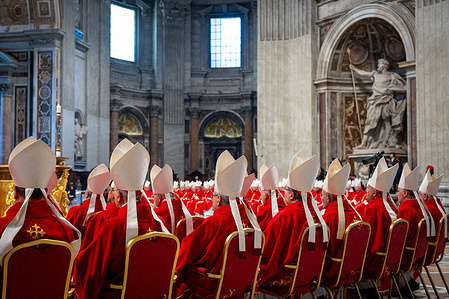 Cardinals attend the Fifth Mass of Novendiale in Suffrage for Pope Francis at St. Peter's Basilica.