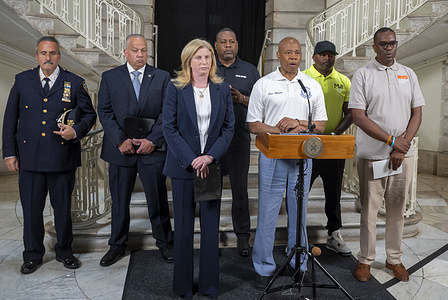 New York City Mayor Eric Adams speaks during joint briefing with Police Commissioner Jessica Tisch at City Hall following a mass shooting inside of Taste of the City Bar and Lounge on Franklin Avenue in Crown Heights, Brooklyn, New York, United States where three people were killed and nine others were wounded when multiple shooters opened fire just before 3:30 AM on August 17, 2025 in New York City.