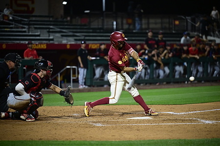 USC Trojans infielder Maddox Riske (4) swings during the game against the San Diego State Aztecs on March 17, 2026 at Dedeaux Field. USC Trojans (7-4)