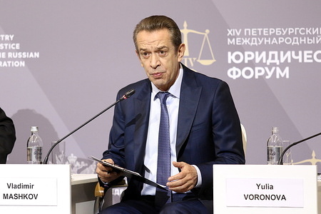 Vladimir Mashkov, People's Artist of the Russian Federation; Chairman, Union of Theatre Workers of the Russian Federation seen during the Charity: When Doing Good Requires Rules session at The St. Petersburg International Legal Forum at the Expoforum Convention and Exhibition Center.