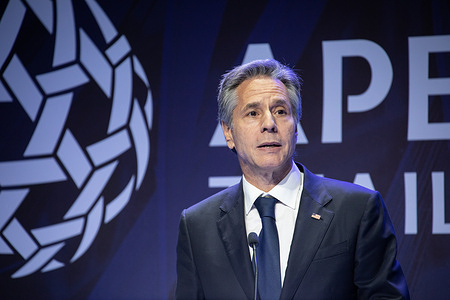 US Secretary of State Antony Blinken speaks during a press conference at the APEC 2022 Economic Leaders Week (Asia-Pacific Economic Cooperation) in Queen Sirikit National Convention Centre (QSNCC) in Bangkok.