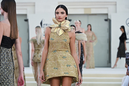 A model parades with Hannibal Laguna design during Mercedes Benz Fashion Week Madrid Cibeles Palace in Madrid, 15 February of 2026 Spain