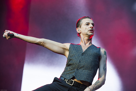 Dave Gahan, the singer of Depeche Mode is pictured while performing a song during his concert of the new show Spirit at the Stade de France.