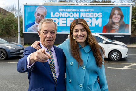 Reform UK Leader Nigel Farage and 2028 London Mayoral candidate Laila Cunningham, launching an election billboard in Croydon, London
