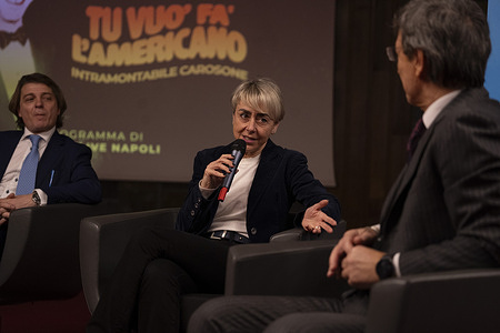 Michela Carrara, Rai radio live director seen during a press conference to present “Tu vuo’ fa’ l’americano Intramontabile Carosone” broadcast by Rai Radio Live.