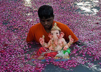 A devotee carries the idol of the elephant-headed Hindu god Ganesh for immersion into an artificial tank. Small idols of the elephant-headed Hindu god Ganesh are being immersed into an artificial tank to reduce pollution in the sea, thereby protecting the environment and celebrating the festival in an eco-friendly manner.