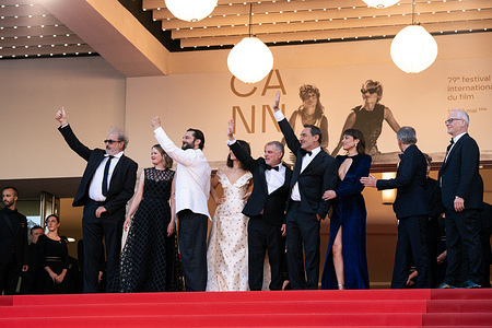 (From L) French actor Gustave Kervern, French actress Madeleine Baudot, French actor Pio Marmai, French actress Anais Demoustier, French film director and screenwriter Pierre Salvadori, French actor Gilles Lellouche and French actress Vimala Pons attend the opening ceremony and "La Vénus Electrique" (The Electric Venus) screening during the 79th annual Cannes Film Festival at Palais des Festivals.