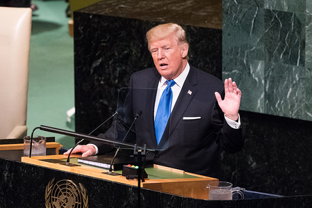 United States President Donald Trump addressing the General Assembly at the United Nations in New York City.