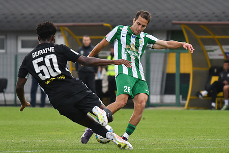 Yan Kostenko of Karpaty seen in action with Jocelin Behiratche of Oleksandriya during Ukrainian Premier League match between FC Oleksandriya and FC Karpaty Lviv at CSC Nika Stadium. Final score; Oleksandria 0 : 2 Karpaty Lviv.