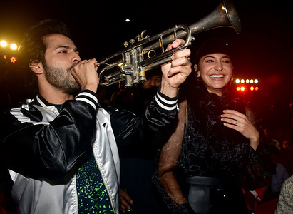 Actor Varun Dhawan and actress Anushka Sharma seen at film Sui Dhaaga success press conference at PVR Icon cinema in Mumbai.
