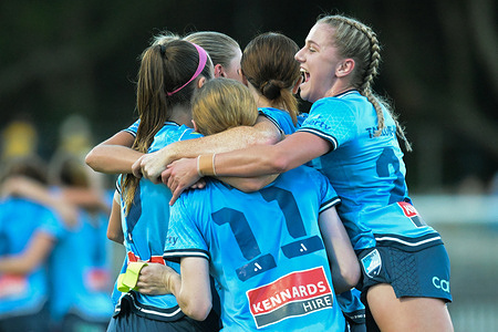 The Sydney FC team seen celebrating after scoring a goal during the Liberty A-League 2023-24 season Semi Final match between Sydney FC and Central Coast Mariners FC held at Leichhardt Oval. Final score; Sydney FC 1 : 1 Central Coast Mariners FC.