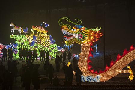 People look at installations during the festival of giant Chinese lanterns.
Chinese communities around the world celebrate the Chinese New Year of the Pig in the streets of Kiev.