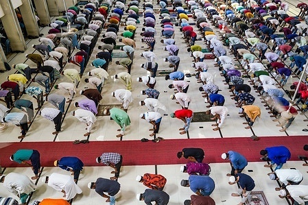 Muslims attend Friday prayers at Baitul Mukarram National Mosque during Ramadan.