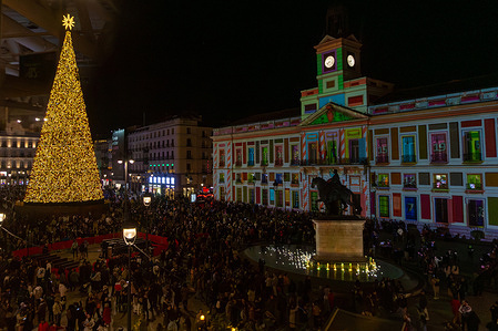 Panoramic view of Madrid's Puerta del Sol decorated with a Christmas tree. Nearly 13 million Christmas lights switched on this year by the Madrid City Council in the Spanish capital.