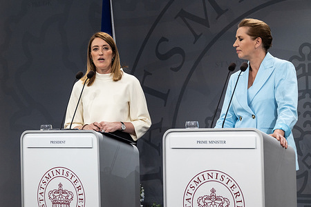 The President of the European Parliament, Roberta Metsola (L) and the Danish Prime Minister Mette Frederiksen (R) hold a joint press conference in the Mirror Hall at the Prime Minister's Office at Christiansborg Palace. The political leadership of the European Parliament meets with the Danish government to discuss the Danish EU presidency, which begins on 1 July.