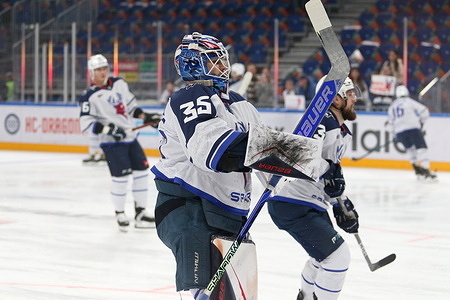 Ivan Kulbakov (35) of Torpedo Hockey Club seen in action during the Hockey match, Kontinental Hockey League 2025/2026 between Shanghai Dragons China and Torpedo Nizhny Novgorod at the SKA Arena. (Final score; Shanghai Dragons 3:4 Torpedo Nizhny Novgorod).