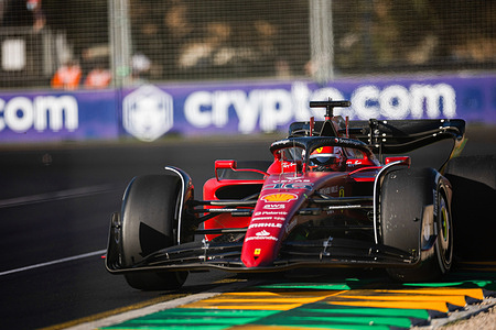 Charles Leclerc of Monaco drives the number 16 Ferrari F1-75 during the 2022 Australian Grand Prix at the Albert Park Grand Prix circuit.