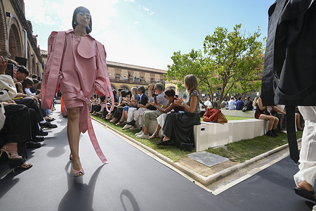 A model parades with Baro Lucas design during the Mercedes Benz Fashion Week Madrid at Cibeles Palace in Madrid.