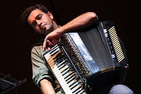 Italian accordionist Vince Abbracciante seen performing live during Termoli Jazz 2025, the international jazz festival at Folklore Square.