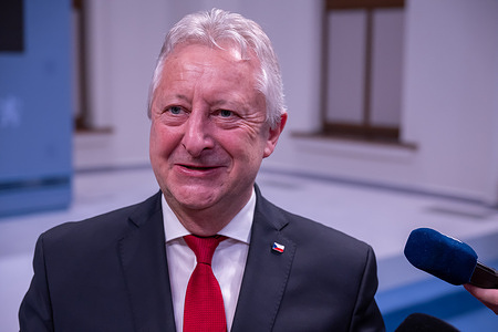 Czech Minister of Defence Jaromir Zuna seen during a joint press conference after their meeting. NATO Secretary General Mark Rutte visits Czech Republic and met with Czech Prime Minister Andrej Babis.