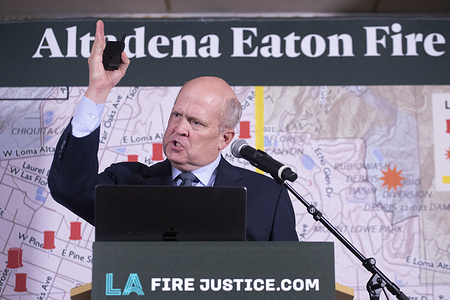 Mikal Watts, an attorney with LA Fire Justice, speaks at a news conference on Monday, Nov. 17, 2025, in Altadena, Calif. Attorneys with the Law Office of Douglas Boxer and the Watts Law Firm, working with LA Fire Justice, filed a lawsuit against Genasys Inc., Southern California Edison and Edison International over the wrongful death of Stacey Darden. The lawsuit was filed on behalf of Geraldine “Gerry” Darden, Stacey’s sister, individually and as representative of the estate of Stacey Darden.