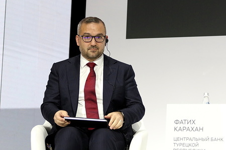 Fatih Karahan, Head of the Central Bank of the Republic of Turkey is seen during the plenary discussions of the Financial Congress of the Bank of Russia at the BKZ Oktyabrsky.