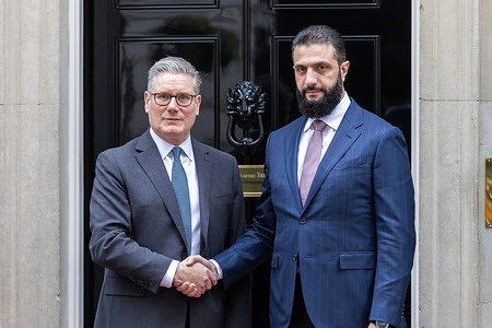 Prime Minister of the United Kingdom Sir Keir Starmer greets the President of Syria, His Excellency Ahmed al-Sharaa at No.10 Downing Stree.