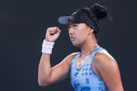 Ann Li of USA celebrates her win against Aryna Sabalenka of Belarus (not in view) during their women's singles match on day 3 of Wuhan Open at the Optics Valley International Tennis Center. Ann li defeated Aryna Sabalenka with a score of 3-6, 6-4, 7-6. 