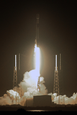 CAPE CANAVERAL, UNITED STATES - DECEMBER 16 2019: A SpaceX Falcon 9 rocket carrying the JCSAT 18/Kacific 1 communications satellite launched successfully from Space Launch Complex 40 at Cape Canaveral Air Force Station. 
The satellite will provide phone and broadband internet connectivity to Northern and Southeast Asia, the Northern Pacific, and parts of southern Alaska.