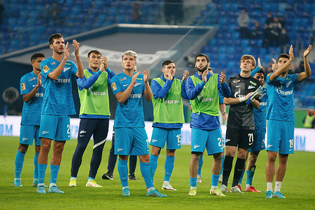 Wendel Valle da Silva, commonly known as Wendel (No.8), Andrei Mostovoy (No.17), Malcom Filipe Silva de Oliveira, commonly known as Malcom (No.10) of Zenit reacts during the Russian Premier League football match between Zenit Saint Petersburg and Rubin Kazan at Gazprom Arena.
Final score; Zenit 3:2 Rubin.