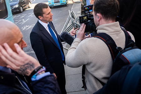 Robert Jenrick, Member of Parliament (MP) for Newark and Reform UK Treasury Spokesperson seen speaking to the media in Whitehall to protest against rising fuel prices . Senior politicians of Nigel Farage's Reform UK including Laila Cunningham (Reform UK's candidate at the 2028 London mayoral election), Richard Tice (Deputy Leader), and Robert Jenrick gathered at the Treasury in Westminster to protest against rising fuel prices in the United Kingdom and advocate the party's position in the upcoming local elections on May 7.