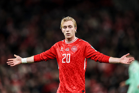 Mika Biereth of Denmark seen during the European World Cup Qualifiers 2026 football match between Denmark and Belarus at Perken. Final score; Denmark 2:2 Belarus.
