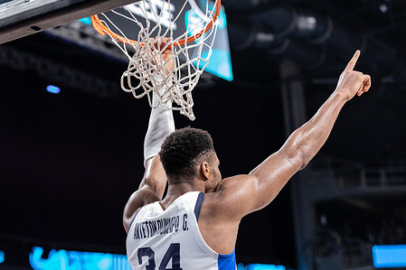 Giannis Antetokounmpo of Greece celebrates during the final phase of the FIBA EuroBasket 2025 between Greece and Israel at Arena Riga. Final score; Greece 84 : 77 Israel.
