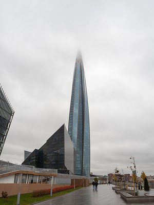 The Lakhta Center embankment center seen. The Lakhta Center is a multifunctional complex on the shore of the Gulf of Finland in the Primorsky District. It is the central office of Gazprom.