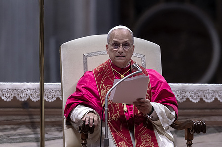 Pope Leo XIV delivers his address during a Prayer Vigil on the occasion of the Jubilee of Consolation in St. Peter's Basilica at the Vatican.