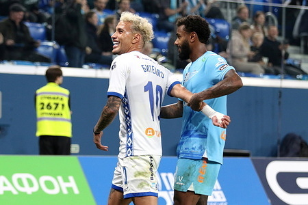 Joao Paulo de Souza Mares, commonly known as Bitello (10) of Dynamo and Marcus Wendel Valle da Silva, known as Wendel (8) of Zenit seen during the Russian Premier League football match between Zenit Saint Petersburg and Dynamo Moscow at Gazprom Arena. Final score; Zenit 2:1 Dynamo.