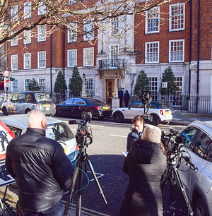 Members of the media gather outside the private London Clinic as King Charles III is admitted for prostate treatment, the same hospital where Princess Catherine had her surgery.