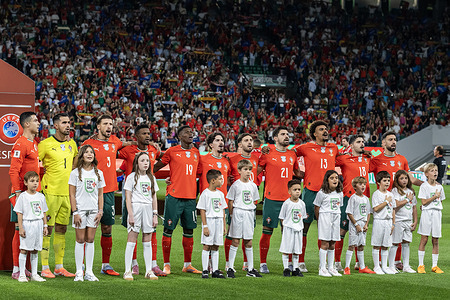 Portugal team line up for the national anthem during the FIFA World Cup 2026 qualifying round match between Portugal and Hungary at Alvalade Stadium. (Final score: Portugal 2 -2 Hungary)