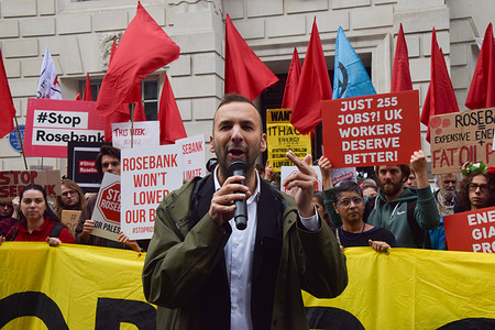 Zack Polanski, the Leader of the Green Party, gives a speech as climate activists gather outside the Department for Energy Security and Net Zero (DESNZ) in Westminster in protest against the Rosebank oil and gas field in the North Sea.