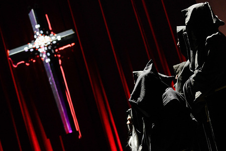 Actors seen performing during a press event, few hours before the premiere of The Name Of The Rose directed by Radosław Rychcik at Juliusz Słowacki Theatre. The Name Of The Rose is a historical mystery combining semiotics in fiction with biblical analysis, medieval studies was written by the famous Italian Umberto Eco.
