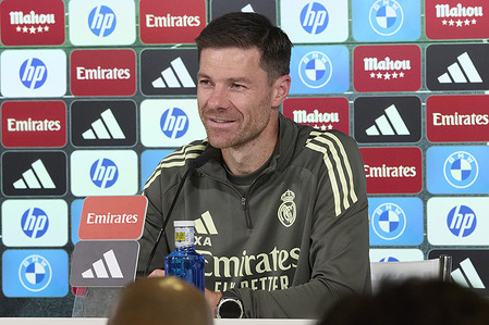 Xabi Alonso, the head coach of Real Madrid CF, attends a press conference at Ciudad Real Madrid, on the eve of the La Liga EA Sports 2025/2026 week 15 football match between Real Madrid CF and RC Celta de Vigo